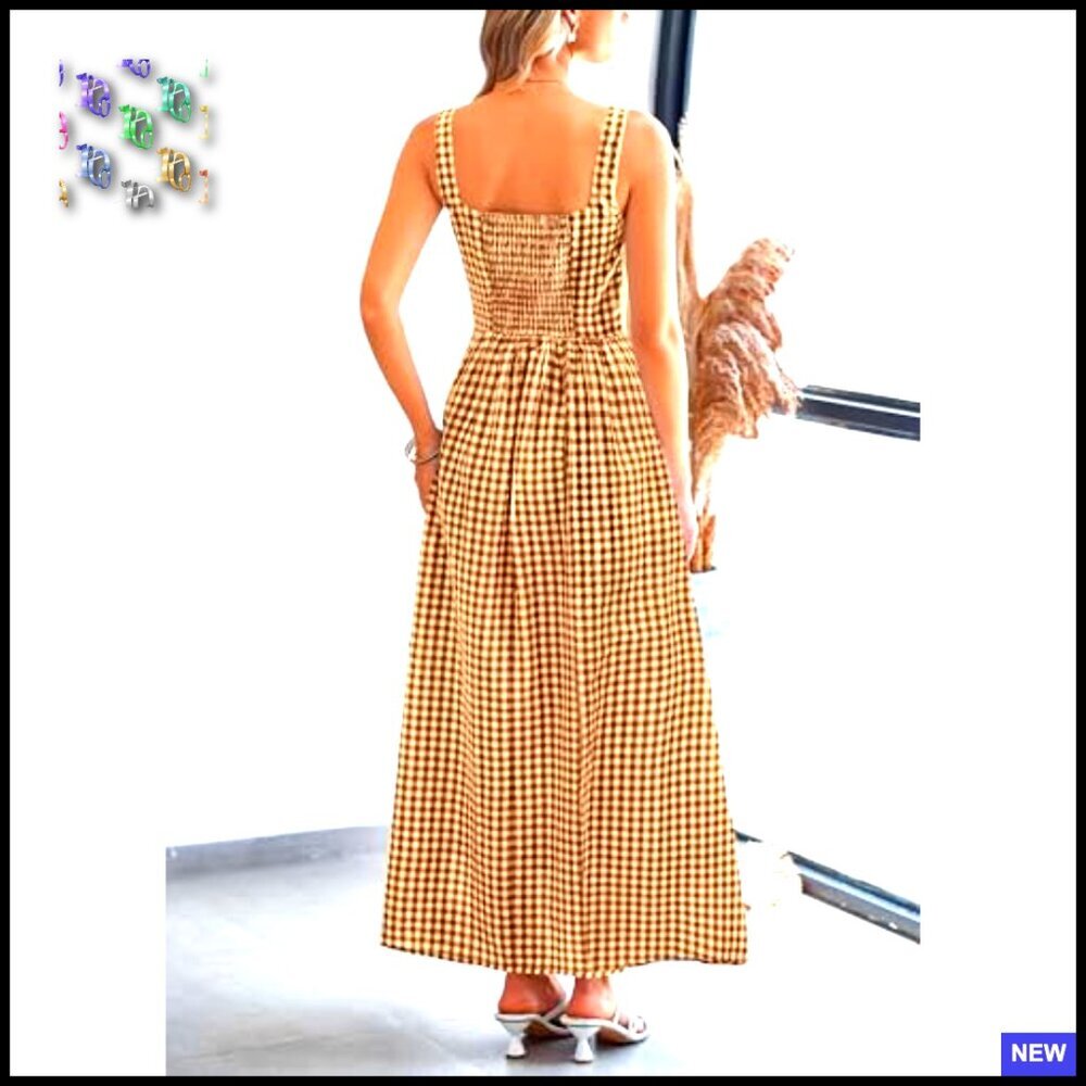 Plaid Square Neck Maxi Dress Spaghetti Strap A-Line Smocked Back Beach Vacation - Picture 2 of 7